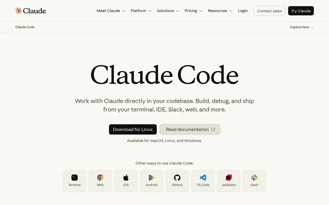 Claude Code website screenshot